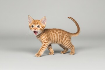Playful ginger kitten walking with open mouth on grey background, showcasing its vibrant coat, curious nature, and adorable personality in an engaging pose.