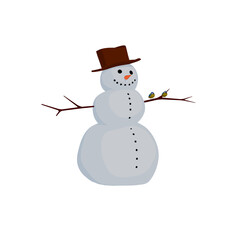 A cheerful snowman and tiny birds.