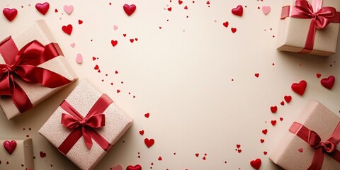 A romantic Valentine's Day flat lay featuring gifts with red ribbons and heart confetti, ideal for cards, invitations, and festive decorations.