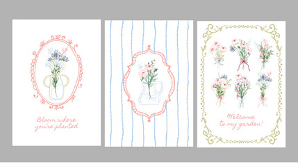 Collection of vintage-inspired floral compositions with oval frames and delicate backgrounds. Designed for elegant projects and artistic prints