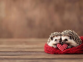 Obraz premium Two hedgehogs in a meadow, playfully tugging on a red scarf, Valentines fun, animal charm, acrylic joy