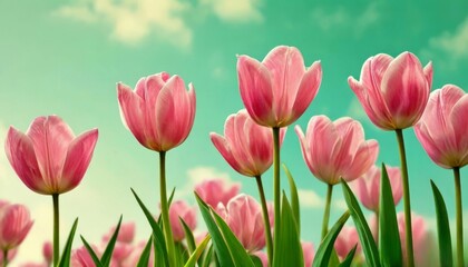 Obraz premium tulips with rich green leaves and a warm abstract blue background