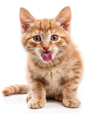 Ginger kitty licking screen in isolated setting with playful curiosity