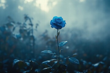 Mysterious Blue Rose in Foggy Forest with Soft Light and Shadows