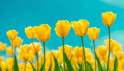 Fototapeta premium tulips with rich green leaves and a warm abstract blue background