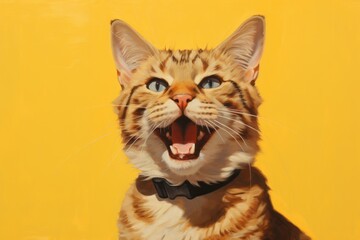 Obraz premium Portrait of a smiling manx cat while standing against soft yellow background