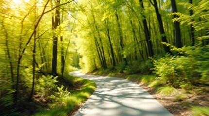 Obraz premium Blurred View of a Path Through a Forest Landscape Wallpaper Background