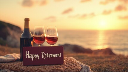 Happy retirement with relaxation and adventure. Serene sunset with wine glasses celebrating retirement.
