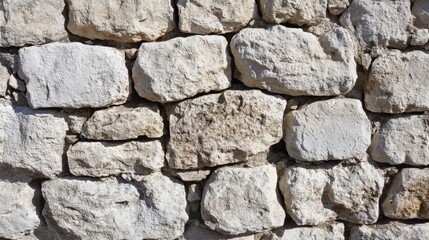 Fototapeta premium Unevenly Stacked Light Gray Natural Stone Wall Texture Close Up