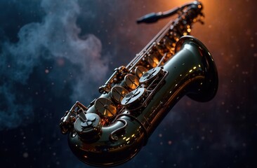 A detailed close up of a saxophone with smoke dramatically emerging from it