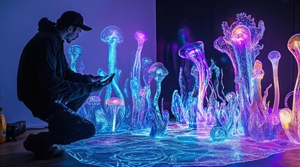 Artist observing illuminated bioluminescent mushroom art installation
