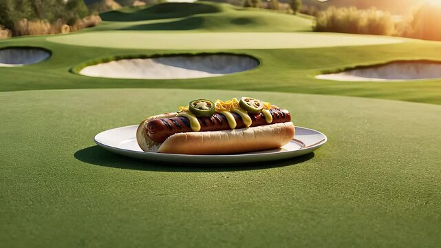 Gourmet Hot Dog on a Plate Placed on a Golf Course Green with Bunkers in the Background Under Warm Sunlight

