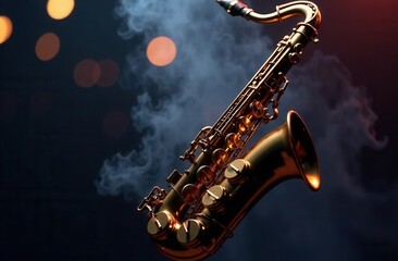 A detailed close up of a saxophone with smoke dramatically emerging from it