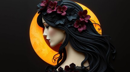 Enigmatic woman with dark hair adorned with flowers, illuminated by a glowing orange moon