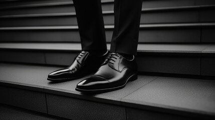 Black leather oxford shoes on dark stairs. Fashion retail