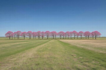 Fototapeta premium Stunning Row of Blooming Pink Trees Under Clear Blue Sky