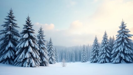 Fototapeta premium Beautiful snowy landscape with evergreen trees under soft winter light at dawn