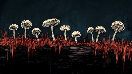 Wild mushrooms creating a peaceful and atmospheric background with soft natural textures, perfect for a serene theme, book illustration style