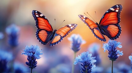 Two monarch butterflies flying over lavender flowers at sunset.