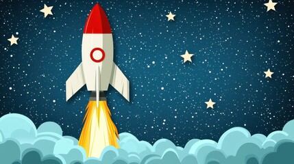 Rocket Launching into Space Night Sky Stars Clouds Blast Off Paper Art Style Illustration