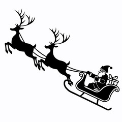 Santa Claus is flying in sleigh with Christmas reindeer. Silhouette of Santa Claus, sleigh with Christmas presents and reindeer Black Silhouette