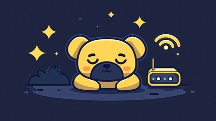 Adorable Sleeping Bear Cub with Wifi Router Nighttime Illustration Cartoon Style