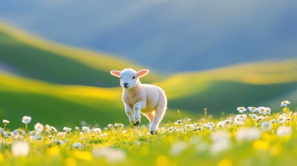 Joyful Lamb in Spring Meadow Daisies Fluffy Cute Animal