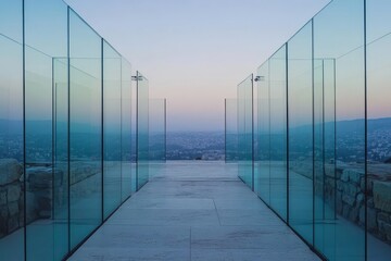 Serene View from a Glass-Enclosed Observation Deck Overlooking a Scenic Urban Landscape at Dusk, Creating a Harmonious Connection with Nature and Architecture
