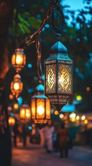 Amazing glowing Ramadan lanterns, peaceful night atmosphere with beautiful village views