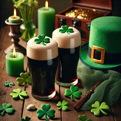 Celebrate Irish tradition with artistic designs featuring beer, candles, and leprechaun charm.
