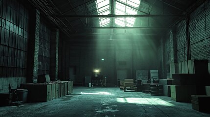 An empty, dark warehouse illuminated by minimal lighting, creating a mysterious atmosphere with industrial design elements and a sense of quiet abandonment.