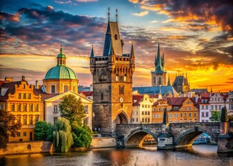Naklejka premium Majestic Charles Bridge Tower, Prague Old Town - Scenic View with Copy Space