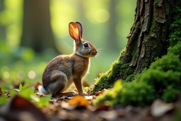 Fototapeta premium Brown rabbit in forest with fur blending into tree bark, woodland, nature, animal