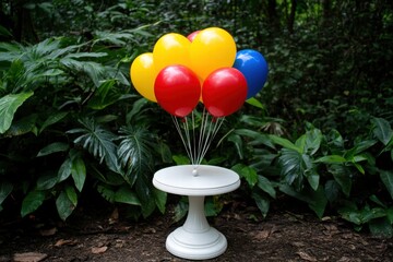 Fototapeta premium Colorful Balloons on a White Stand Surrounded by Lush Greenery