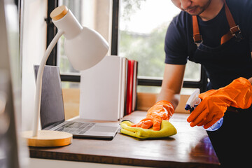 Cleaning staff used cloths and sprayed disinfectant. Wipe down tables and floors in the office....
