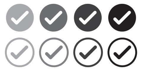 Checkmark in circle icon set. Checkmark tick icon set. Line and glyph check mark