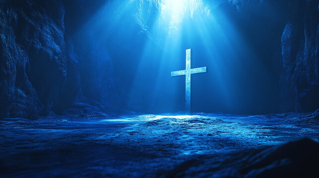 Background illustration of glowing blue christian religion and spirituality cross, jesus christ good friday crucifixion symbol, belief in hope and resurrection, religious faith wallpaper, copy space. - Powered by Adobe