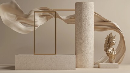 beige stone pillar with metallic gold accents for product stand, 3d rendering of a cosmetic display on an ancient podium with flying cloth

