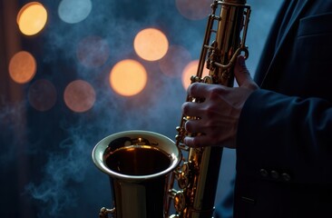 Fototapeta premium playing saxophone with soft background lights creating a moody effect, during nighttime, ambient lighting highlighting reflections, gentle smoke for added atmosphere