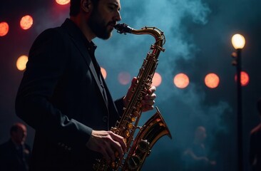 A skilled man passionately playing a saxophone in a dark room