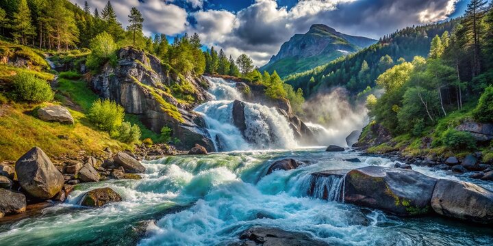 Majestic Convergence: Two Streams Joining at Latefossen Waterfall, Norway