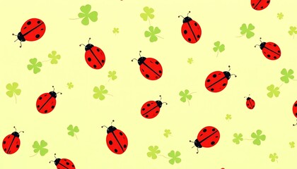 Cute Red Ladybugs Clover Leaf Pattern Pastel Yellow Background
