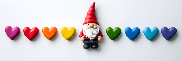 Obraz premium Cute gnome with colorful hearts arranged in cheerful display
