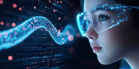 Futuristic Girl Exploring Digital Data Stream with Glasses