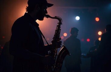 A skilled man passionately playing a saxophone in a dark room