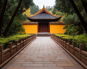 Fototapeta premium Traditional Stone Pathway Leading to Serene Chinese Structure