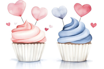 Delightful watercolor cupcakes with heart shaped toppers for celebrations