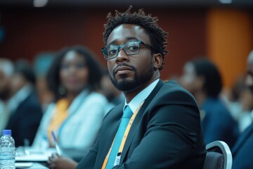 Focused Young Professional in Conference Setting with Attendees