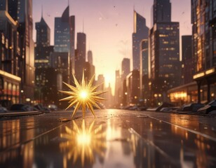 Golden glitter starburst in the background of a futuristic cityscape at sunset,  neon,  sunset