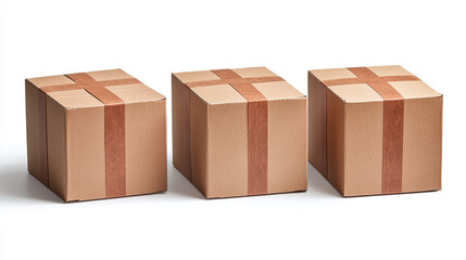 Three brown shipping boxes with tape isolated object on white background. cardboard delivery package for transportation service, distribution from warehouse. business logistics.